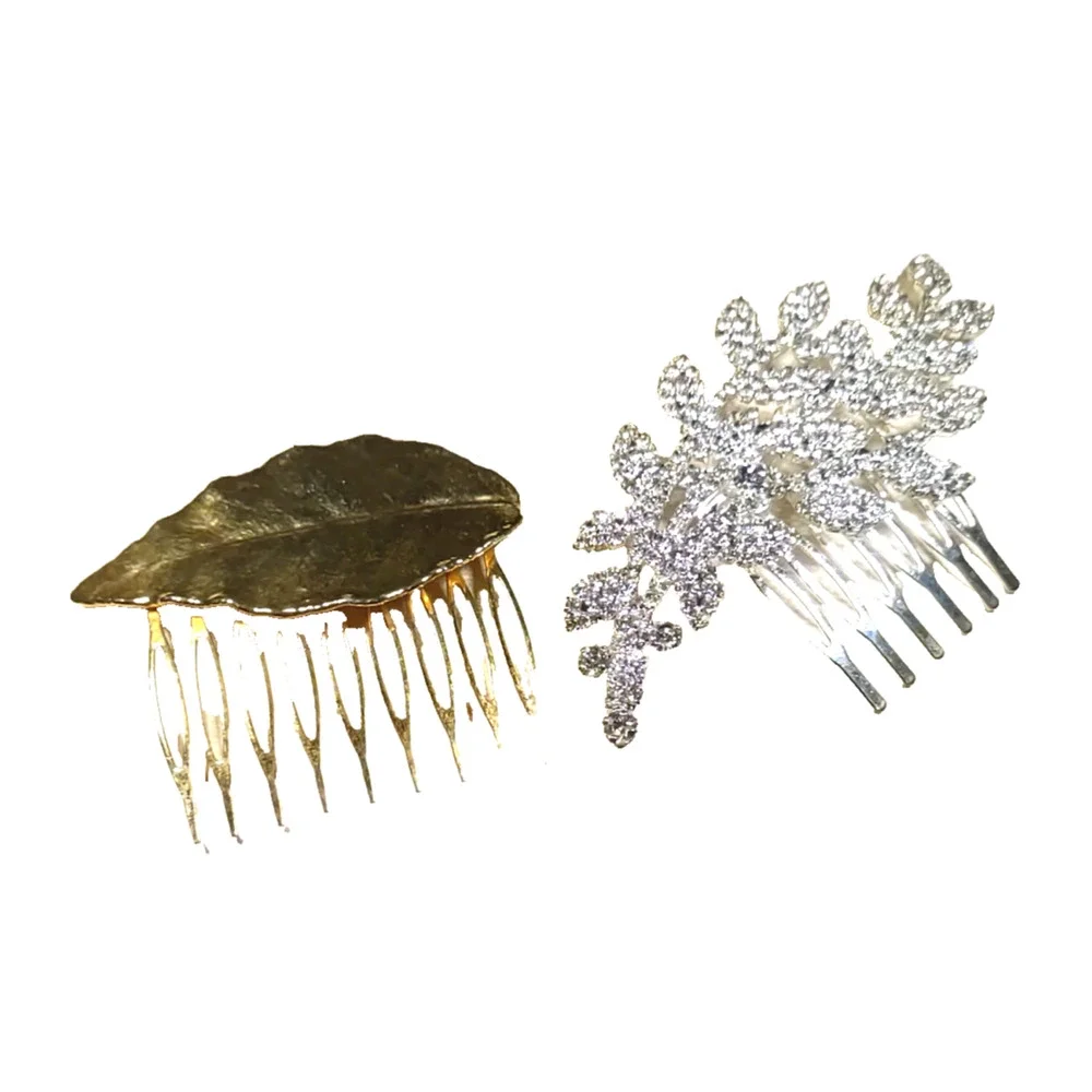 Lot Of 2 Hair Comb Barrettes Gold Tone Leaf Rhinestone Silver Tone Comb